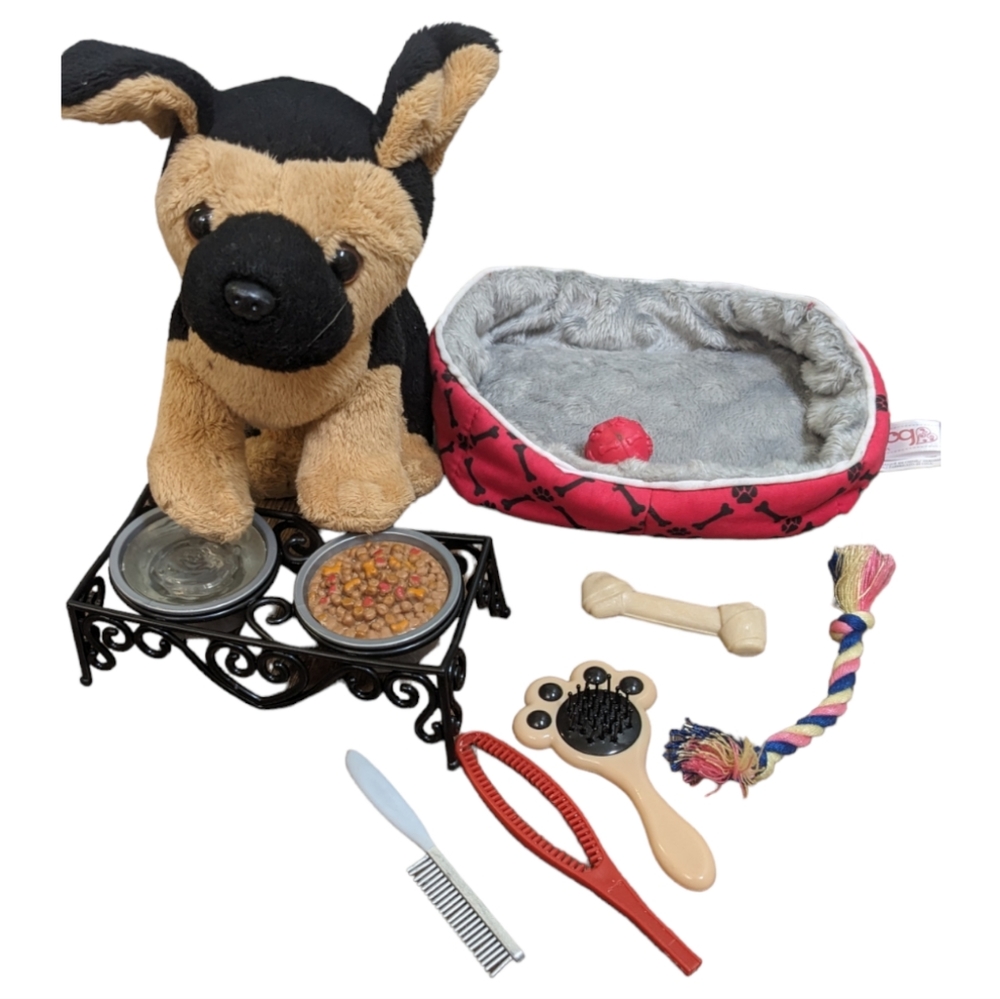 American Girl OG Our Generation Doll Accessories dog bed feed bowl toys set EUC